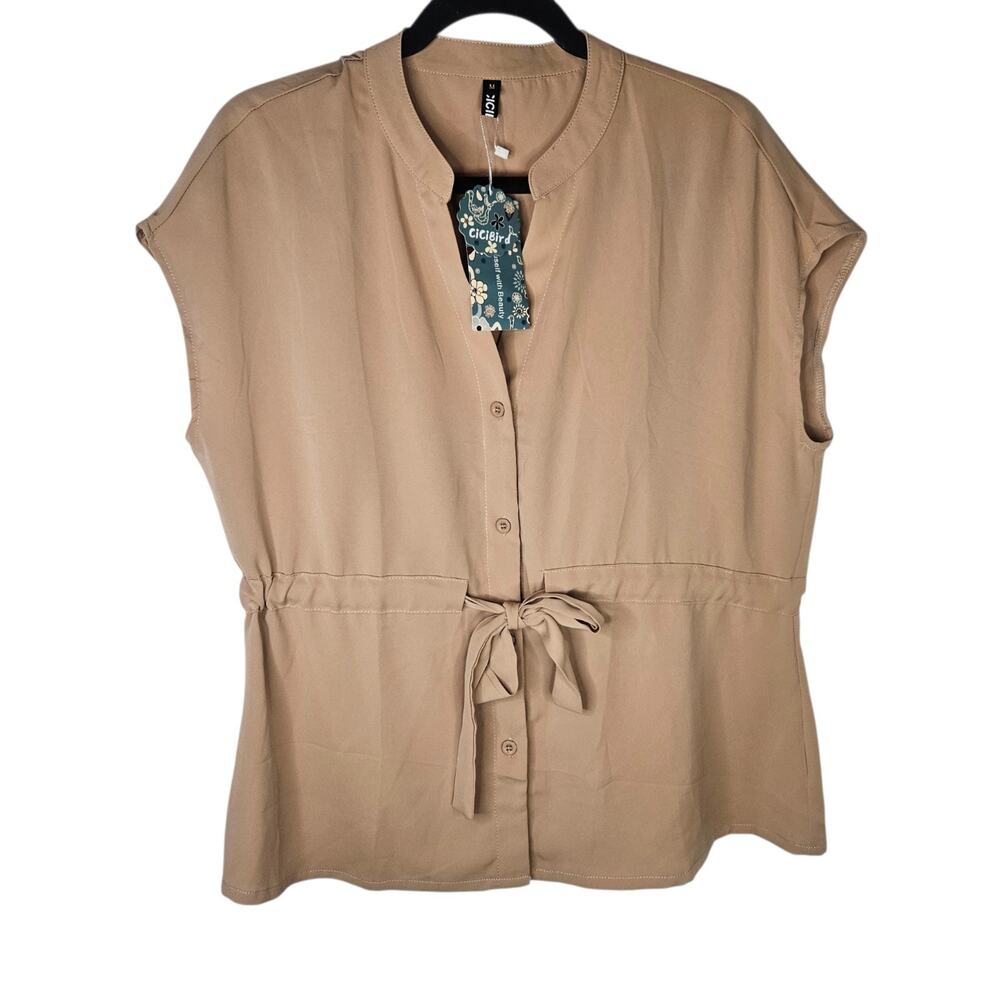 CiCiBird Women Button Down Blouse Casual Peplum Summer Top Dressy Work Beige Med